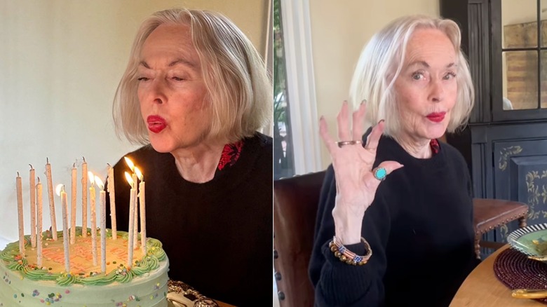 Side-by-side photos show Tippi Hedren blowing out her birthday candles (left) and waving to the camera (right) during her 95th birthday celebrations