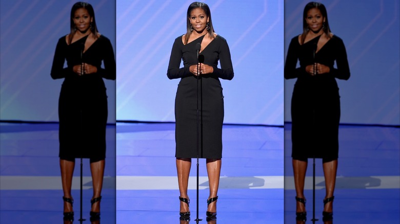 Michelle Obama in 2017 in a black dress