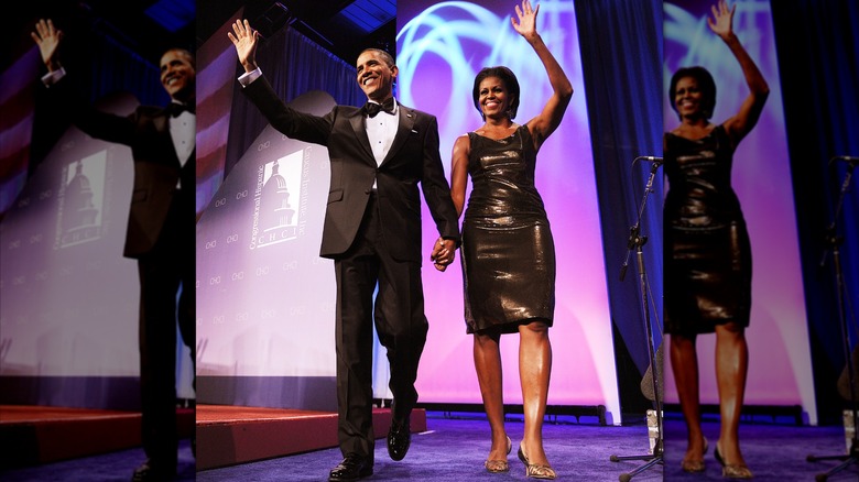 Michelle Obama in 2010 in a metallic knee-length dress