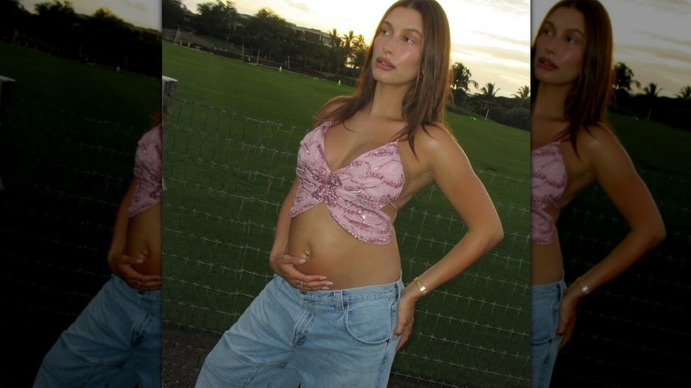 Hailey Bieber wearing a pink butterfly crop top