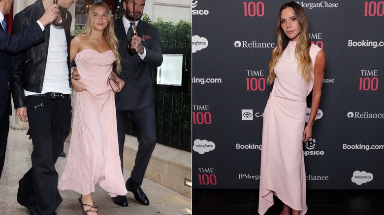 Split image of Harper Beckham wearing a pink strapless dress on the left and Victoria Beckham wearing a long pink dress on the right.