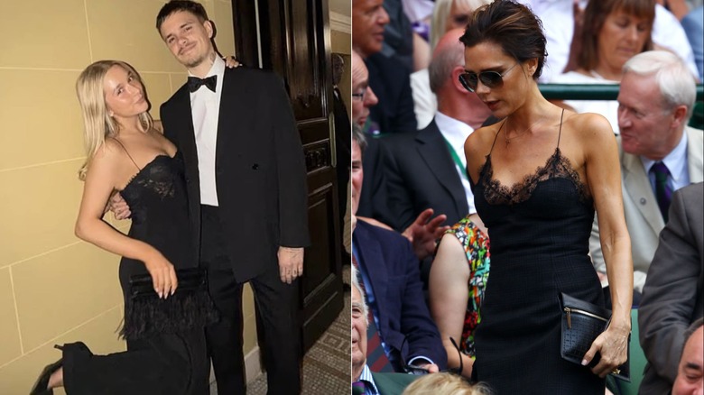 Split image of Harper Beckham wearing a black formal dress with her leg up on the left and Victoria Beckham wearing a lacy black dress and sunglasses on the right.