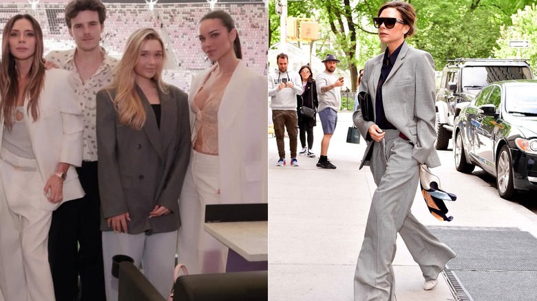Split image of Harper Beckham in a gray oversized blazer on the left and Victoria Beckham wearing an all gray suit on the right.