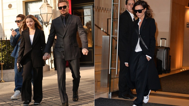 Split image of Harper Beckham wearing a black jacket and pants set on the left and Victoria Beckham wearing all black on the right.