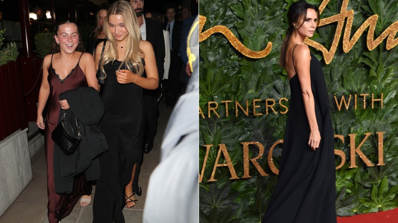 Split image of Harper Beckham wearing a black dress on the left and Victoria Beckham at a red carpet event wearing a black dress on the right.