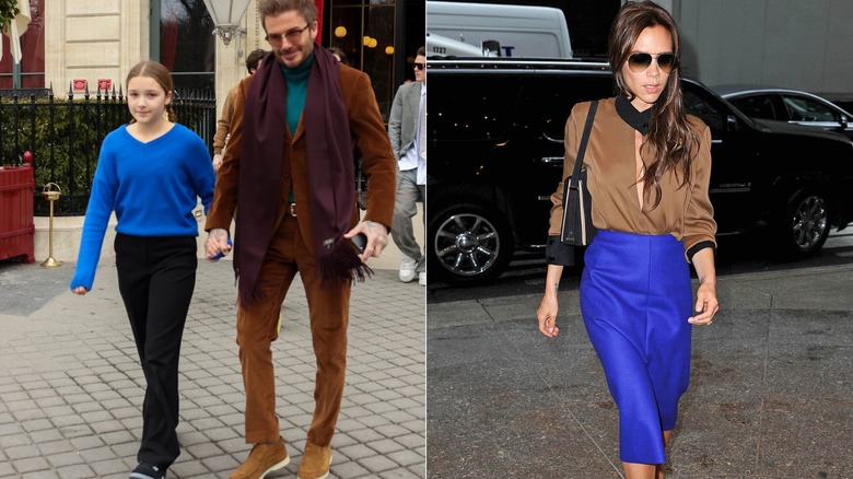 Split image of Harper Beckham in black pants with a bright blue sweater on the left and Victoria Beckham wearing a brown top and blue skirt on the right.