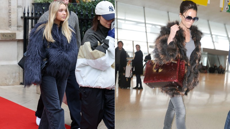 Split image of Harper Beckham in a blue fur coat on the left and Victoria Beckham wearing a brown fur coat on the right.