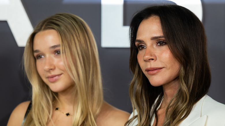 Victoria and Harper Beckham posing at a red carpet event, smiling against a gray backdrop.