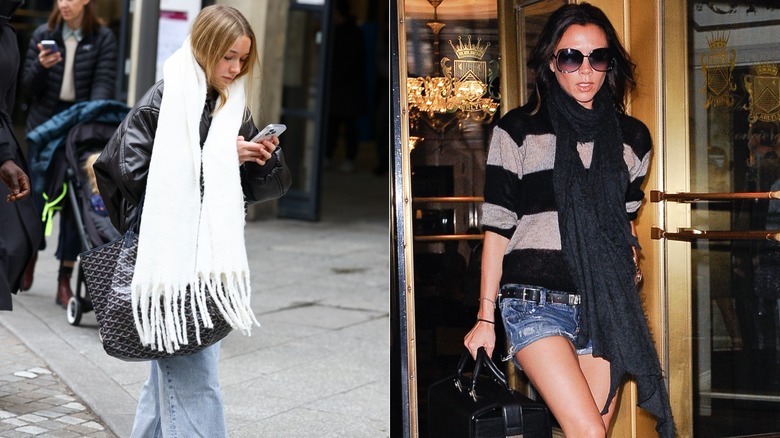 Split image of Harper Beckham wearing a large white scarf on the left and Victoria Beckham wearing a black scarf and striped sweater on the right.