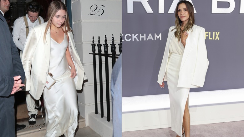Split image of Harper Beckham wearing a white silk dress and jacket on the left and Victoria Beckham wearing all white at a red carpet event on the right.