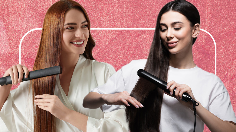 Two smiling women straightening their hair