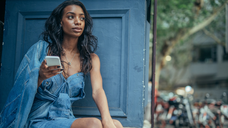 Woman in denim dress, shirt