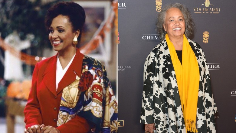 Daphne Maxwell Reid as her character Aunt Viv on "The Fresh Prince of Bel-Air" / Daphne Maxwell Reid at the Pan African Film & Arts Festival opening night gala and premiere of "Chevalier" in Los Angeles in February 2023