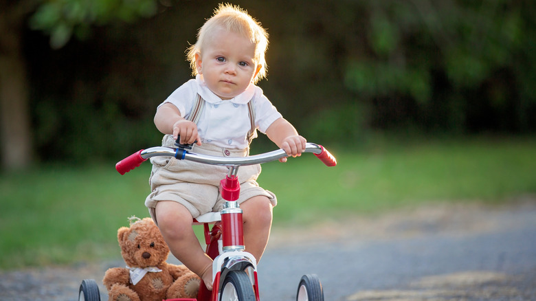 A toddler riding on a tricycle