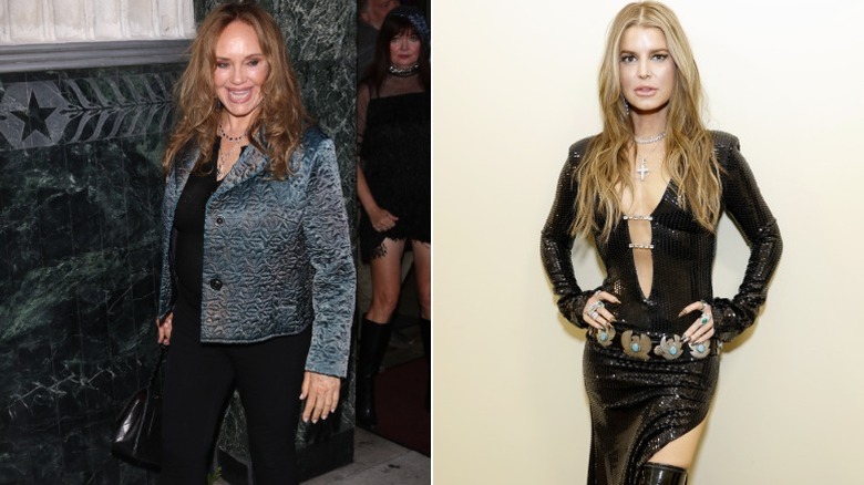 Catherine Bach smiling at an event wearing a detailed jacket with black pants on the left and Jessica Simpson wearing a sparkly black dress at an event on the right.