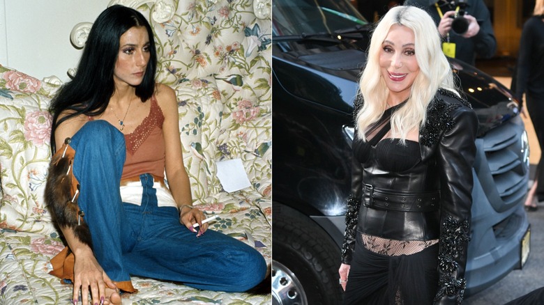 Left: Cher during a portrait session in 1977. Right: Cher en route to the 2026 Met Gala.