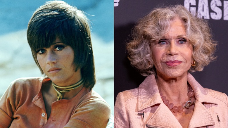 Left: A portrait of Jane Fonda in 1971. Right: Jane Fonda attends the premiere of "Gaslit" in 2026.