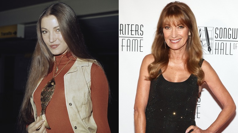 Left: Jane Seymour at Heathrow Airport in 1974. Right: Jane Seymour attends the Songwriters Hall of Fame Gala and Induction ceremony in June 2026.