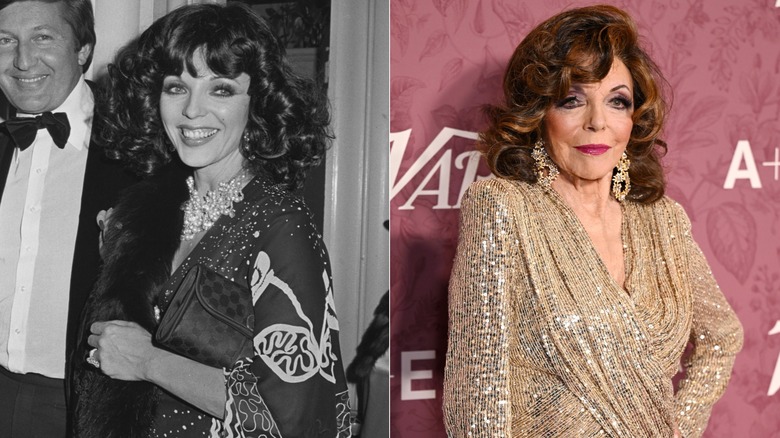 Left: Joan Collins and her husband Ron Kass in 1975. Right: Joan Collins at the "Power of Women: London" event in June 2026.