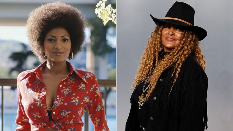 Left: A portrait of Pam Grier in 1972. Right: Pam Grier attends the 2026 Vanity Fair Oscar party.