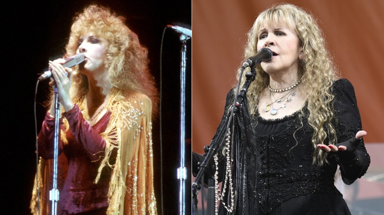 Left: Stevie Nicks performing with Fleetwood Mac in 1977. Right: Stevie Nicks performing at the 2026 Jazz and Heritage Festival in New Orleans.