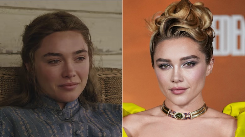 Florence Pugh as Cathy in the 2026 East of Eden by Netflix (L) and Florence Pugh in real life at the East Of Eden" New York premiere(R)