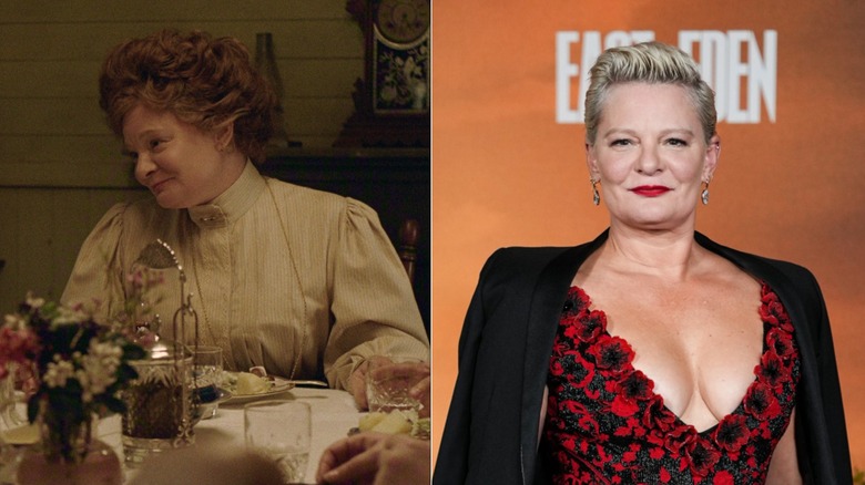 Martha Plimpton as Faye in Netflix's 2026 East of Eden (L) & Martha Plimpton in real life (R)
