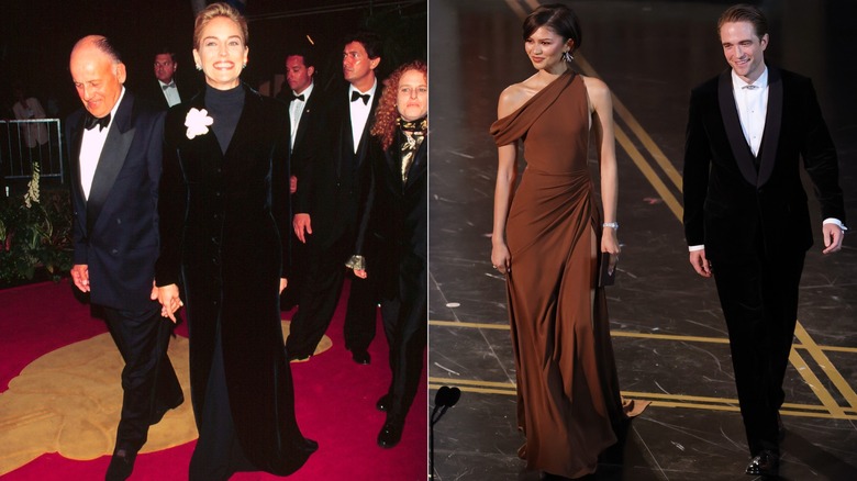 (L) Sharon Stone at the 1996 Academy Awards (R) Zendaya and Robert Pattinson at the 2026 Academy Awards