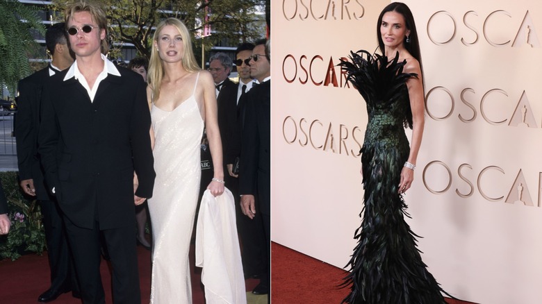 (L) Brad Pitt and Gwyneth Paltrow at the 1996 Academy Awards (R) Demi Moore at the 2026 Academy Awards