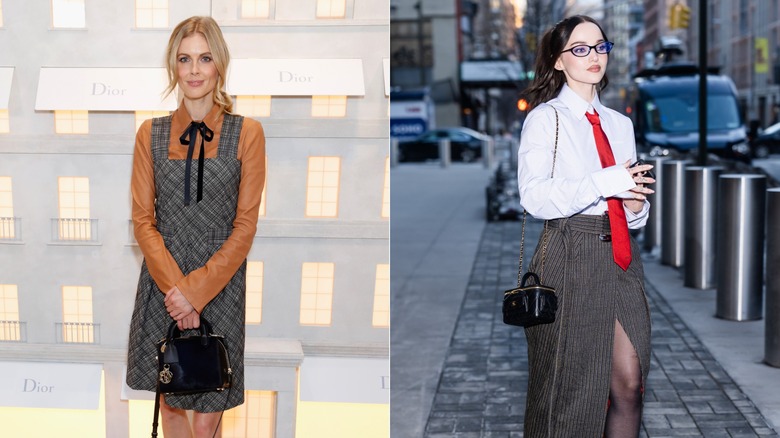 Left: Donna Air attends a Dior launch party in 2016 wearing a plaid uniform-style dress and bow necktie. Right: ﻿Dove Cameron wearing a white button down, red tie, and plaid skirt in NYC in 2026.