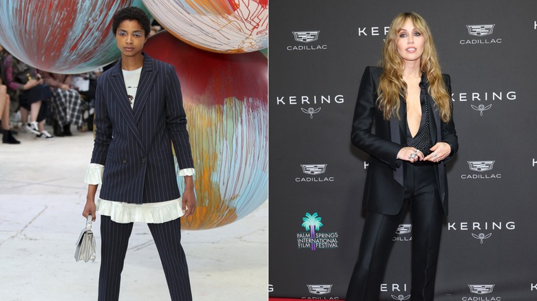 Left: A model for Ganni walks the runway in a pinstriped suit at Copenhagen Fashion Week in August 2016. Right: Miley Cyrus attends the Palm Springs International Film Festival Film Awards in a suit with a low-cut top in 2026.
