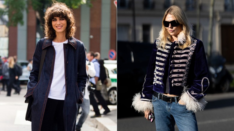 Left: A ﻿model attends Milan Fashion Week in 2016 wearing a dark blue Navy-style coat. Right: A guest attends Paris Fashion Week in 2026 wearing a dark blue velvet military-style jacket.