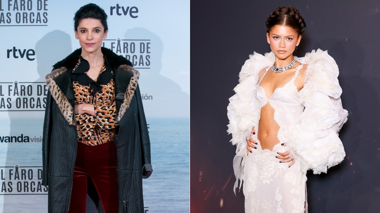 Left: Actor Irene Visedo wears a fur-trimmed coat and red velvet pants to the premiere of "El Faro de las Orcas" in 2016. Right: Zendaya attends the Paris premiere of "The Odyssey" in 2026 wearing a white ruffle and lace gown.