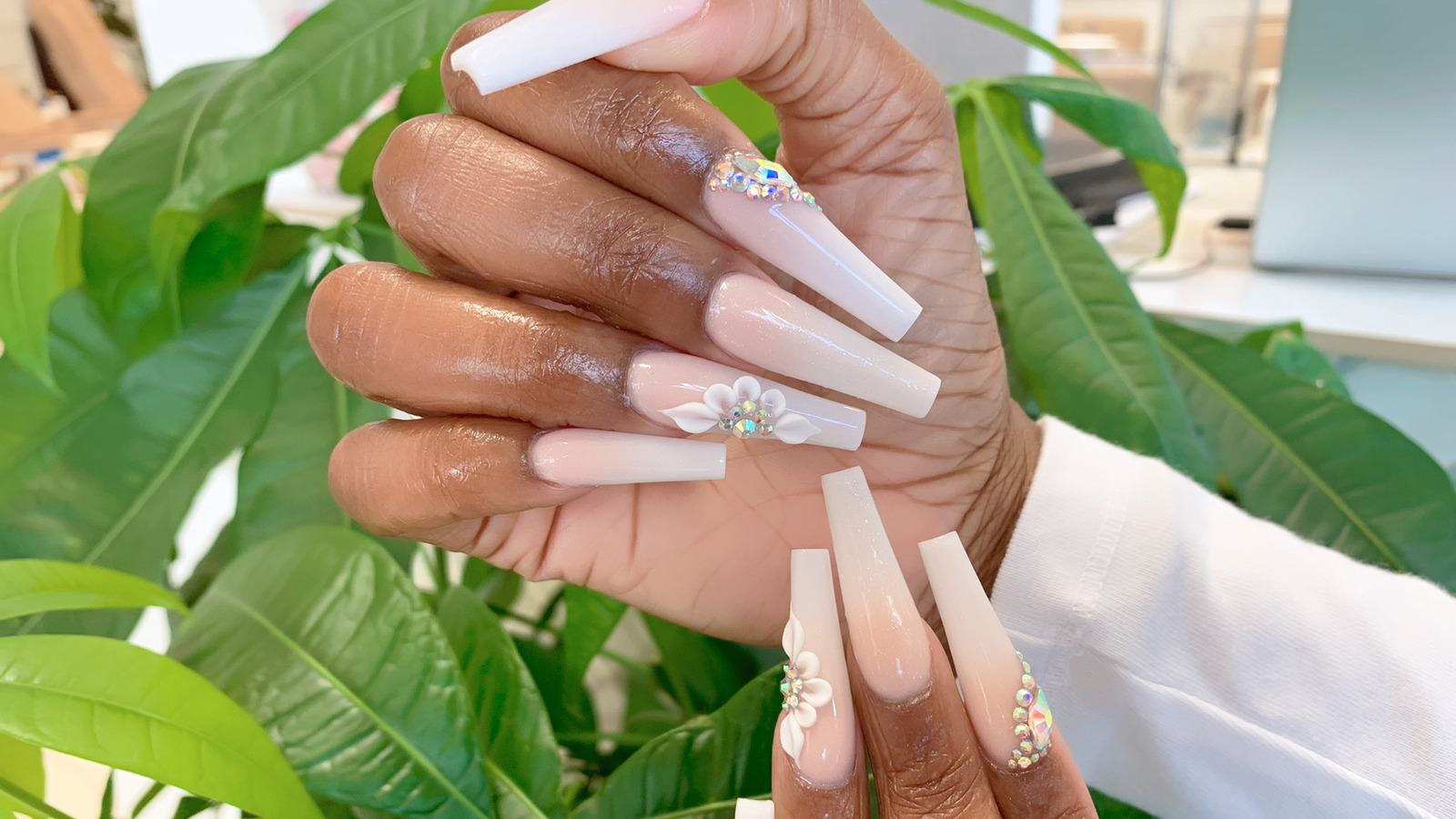 6. White coffin nails with rhinestone accents and glitter - wide 5