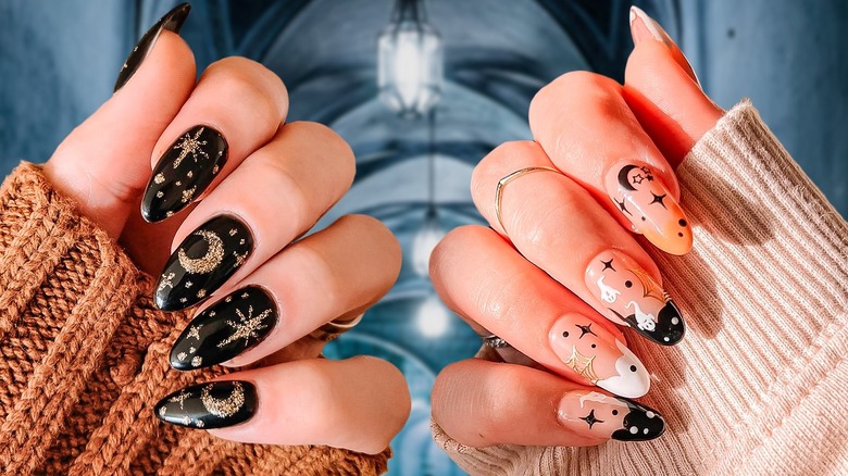 Two women wearing dark academia nails