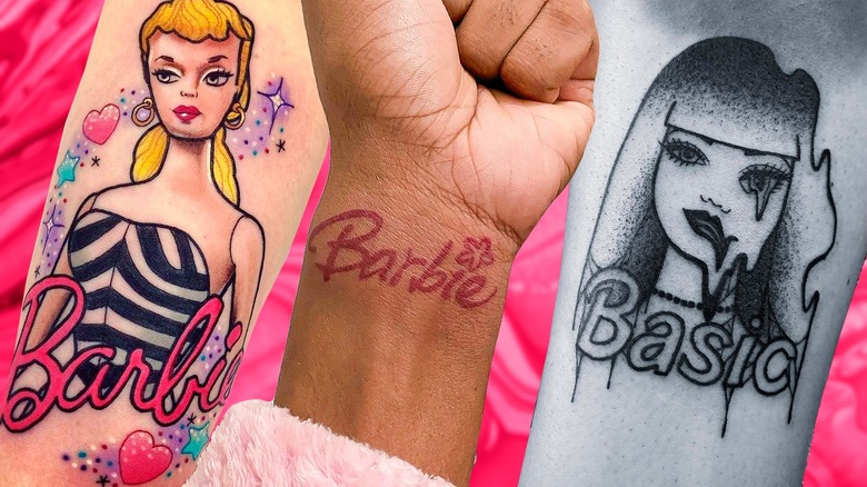compilation of barbie tattoos on pink background
