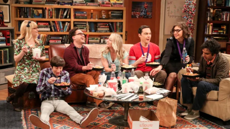 The cast of The Big Bang Theory eating