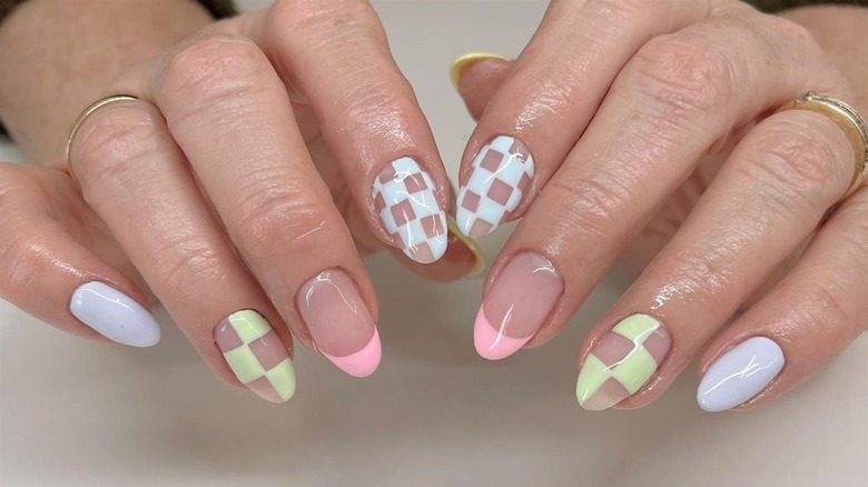 woman with black white checkered nails