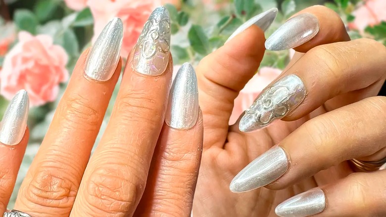 silver chrome nails 3D flower design