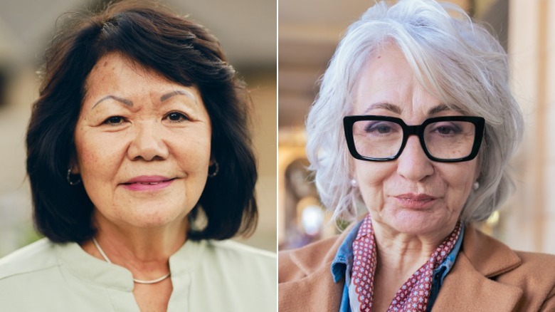 Two older women with side-swept bangs and bobs