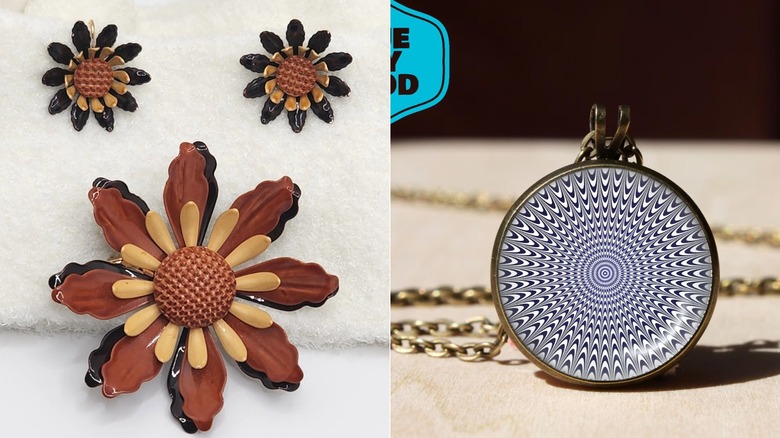 Vintage 60s enameled metal flower brooch and clip earring set (L) and '60s inspired op art pendant (R)