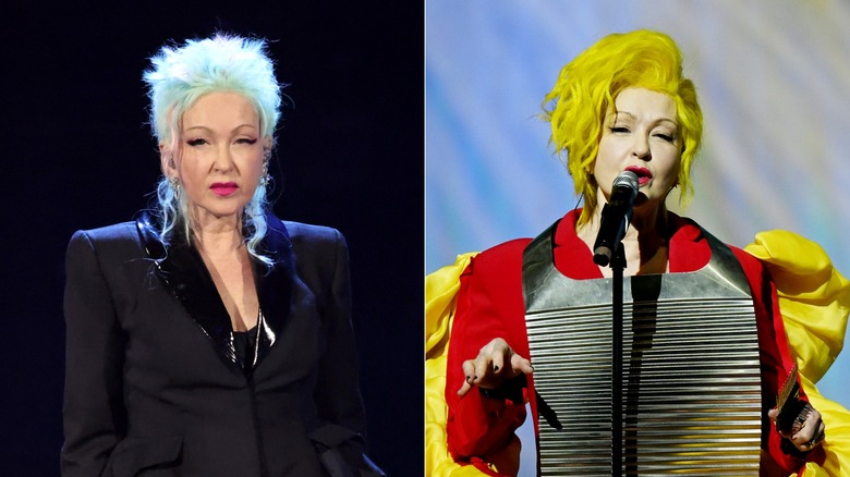 Cyndi Lauper sporting a pastel-green mullet (L) and Cyndi Lauper performing in yellow hair (R)
