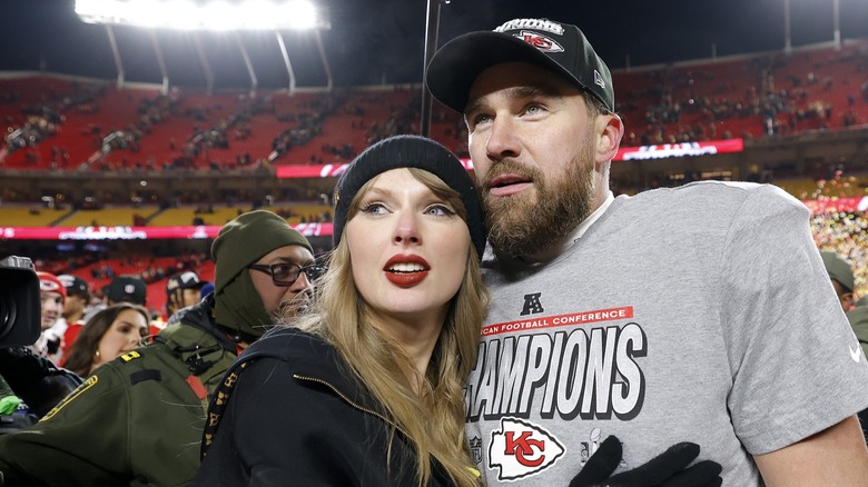Taylor Swift with Travis Kelce after the 2025 NFL Championship.