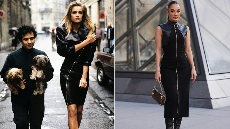 Designer Alaia with model Frederique in the '80s, and a fashion week guest in Paris in 2026