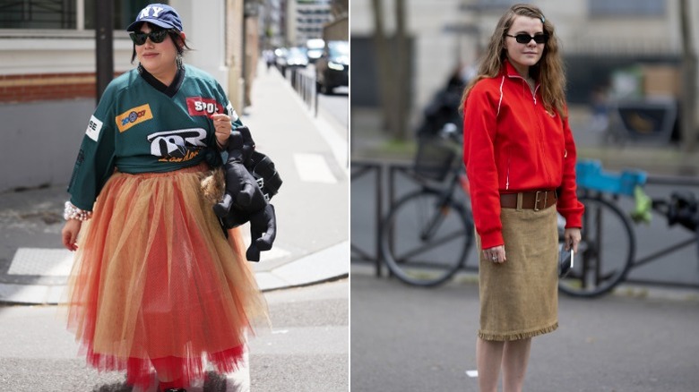 Women wearing sports tops with skirts