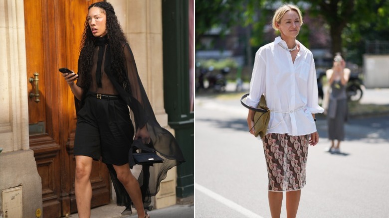 A woman wearing a sheer top with shorts, and one wearing a sheer skirt with white button-up shirt