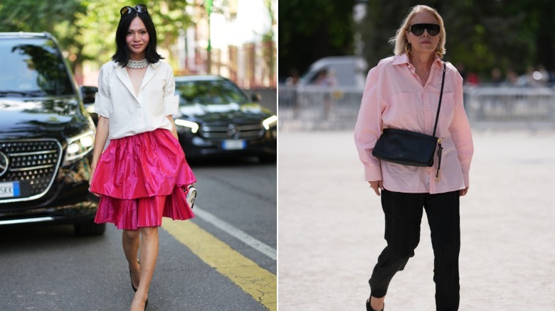 A woman wearing a pink skirt, and one wearing a pink button-down shirt