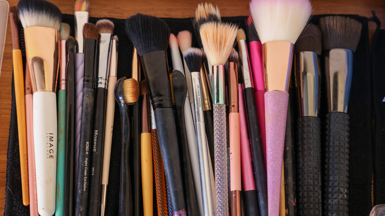 makeup brushes laying on towel