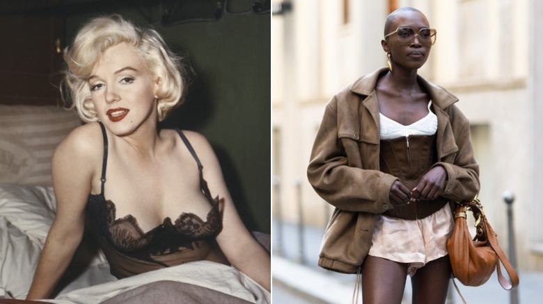 Marilyn Monroe wearing lingerie, and a street styler in a corset top
