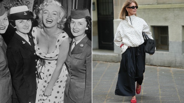 Marilyn Monroe poses with service members, and a fashionable woman on the street in Munich